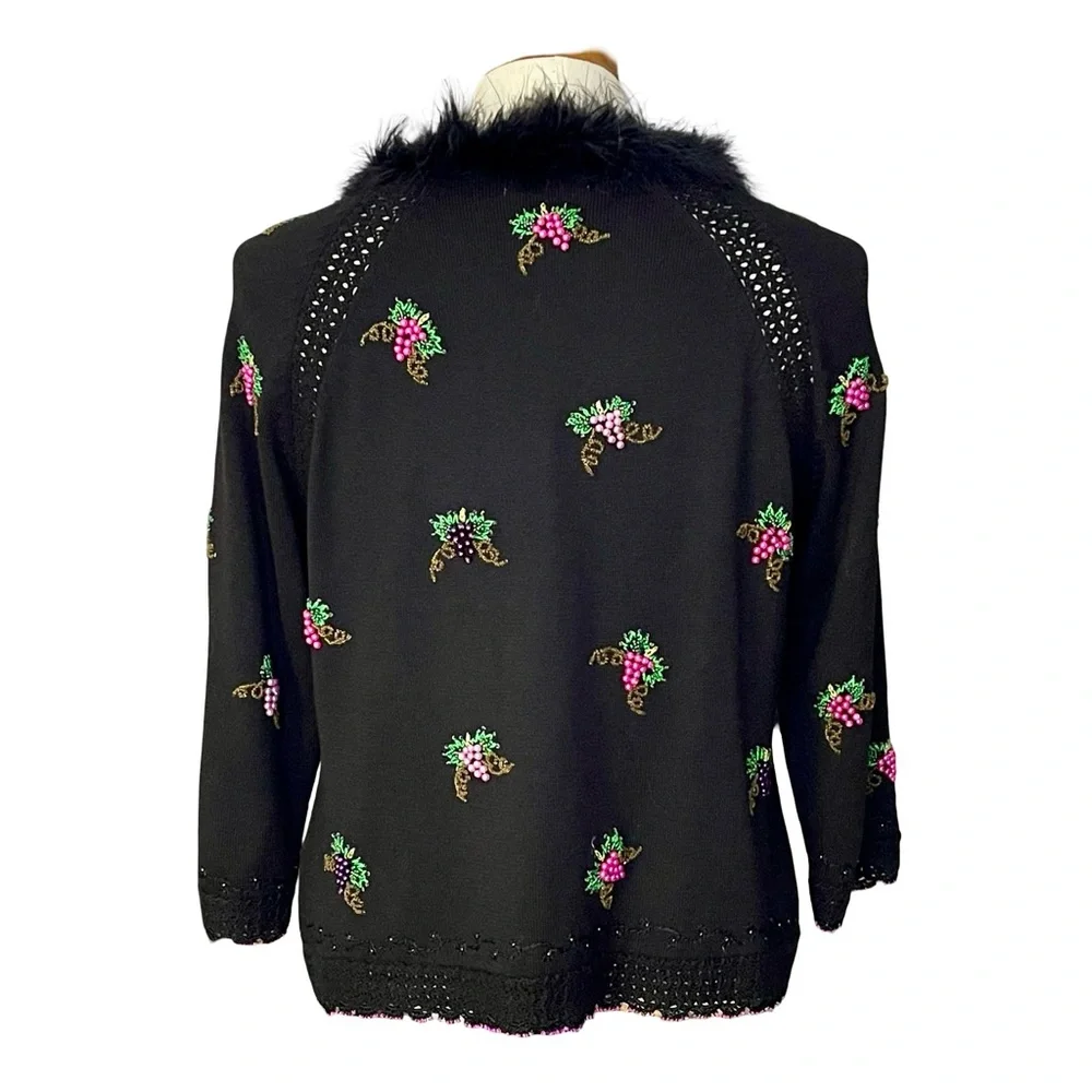 Just Be Black Beaded Faux Fur Collar Open Cardigan Sz S-M Tassel Tie Closure